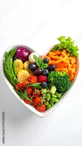 Fototapeta A heart-shaped bowl overflowing with colorful fresh fruits and vegetables