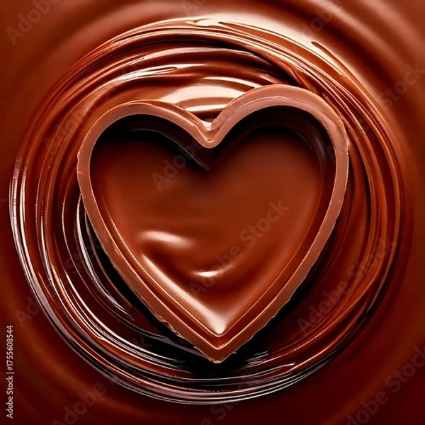 Fototapeta A heart-shaped chocolate nestled in a swirl of melted chocolate