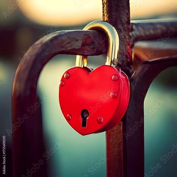 Fototapeta A heart-shaped red padlock, securely fastened to a metal bar
