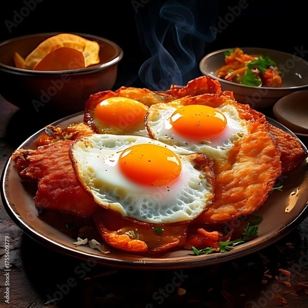 Fototapeta A hearty breakfast with fried eggs and meat, on a rustic plate