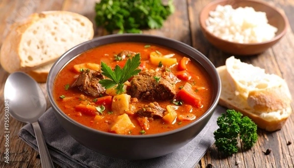 Fototapeta A hearty stew with vegetables and meat, served with bread