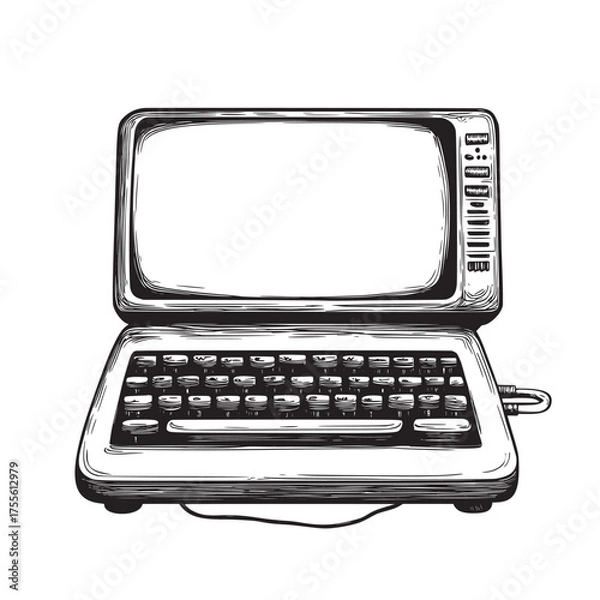 Fototapeta hand drawn vector illustration line art of retro monitor with a typewriter