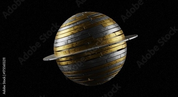 Fototapeta Abstract Metallic Planet with Ring in Starry Space, 3D Rendered.
