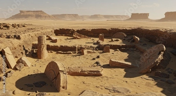 Obraz Ancient Desert Ruins: Sun-Drenched Excavation Site with Crumbling Stone Structures and Distant Mesas