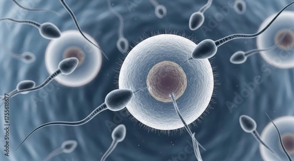 Obraz Human Fertilization Process Sperm Cells Approaching Egg Cell Close Up Microscopic View