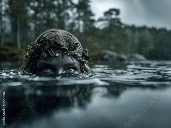 Obraz the calm lake water surface and a head of a mermaid emerging from the water