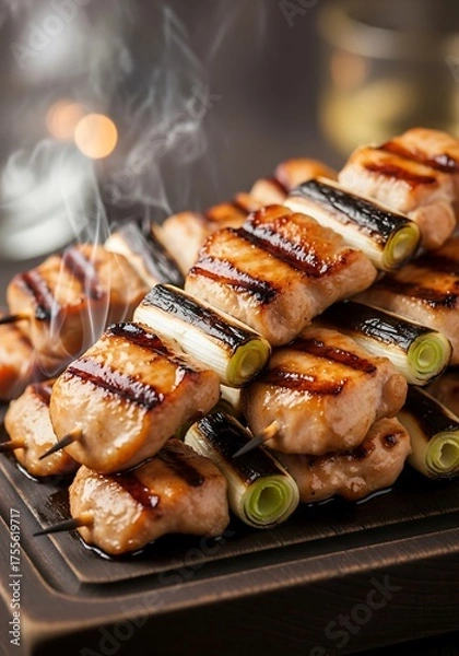 Fototapeta Delicious Yakitori Skewers - Grilled Chicken and Scallions with Glaze.