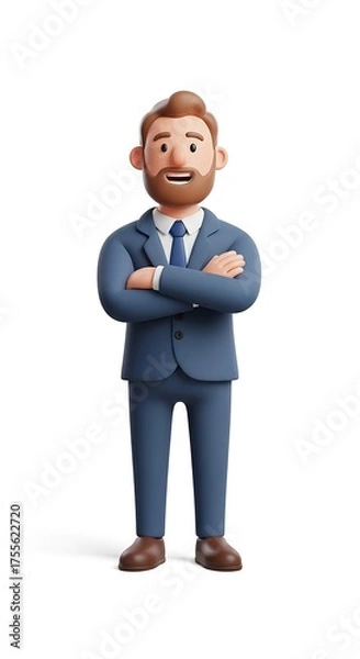 Fototapeta Confident Businessman with Arms Crossed - A 3D Cartoon Character.