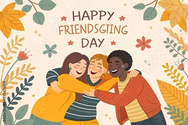 Fototapeta Three diverse friends joyfully embracing and laughing together surrounded by autumn leaves and floral elements celebrating friendsgiving day with warm colors and a happy atmosphere