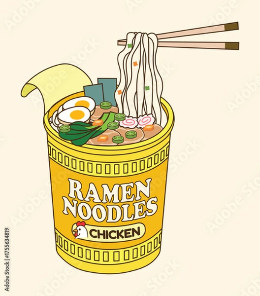 Obraz Yellow ramen cup noodles with chopstick illustration inspired by chicken flavor design