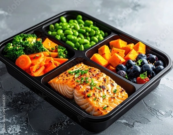Fototapeta Salmon, veggies, and sweet potato in a container, closeup