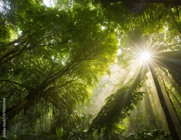 Obraz Sunlight Streaming Through Tropical Rainforest Canopy 