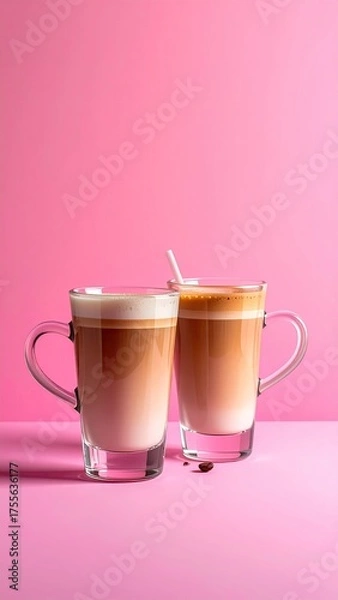 Fototapeta Two layered drinks in glass mugs against a pink background