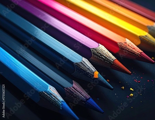 Fototapeta Row of vibrant colored pencils with shavings on dark surface