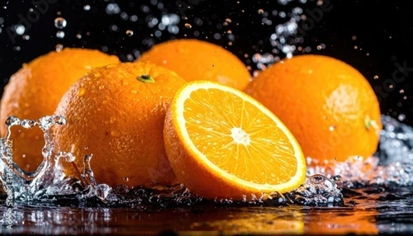 Fototapeta Sliced oranges surrounded by splashing water on black