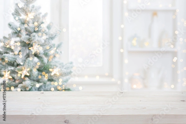 Fototapeta Wooden table empty space in front of decorated for Christmas and New Year blurred domestic room interior