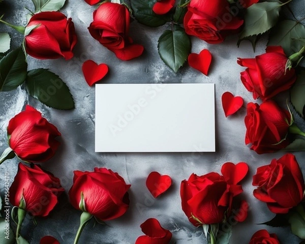 Fototapeta Red Roses with Blank Greeting Card