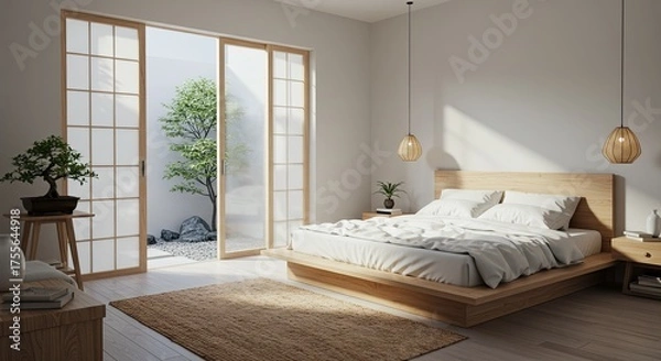 Obraz Serene Japanese-Inspired Bedroom with Zen Garden View and Natural Light