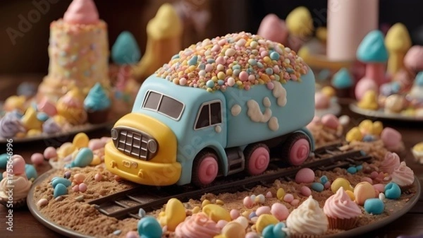 Fototapeta Cute Candy Truck Dessert Scene — Whimsical Pastel Cupcake and Sweets Design in Fantasy Candyland Style