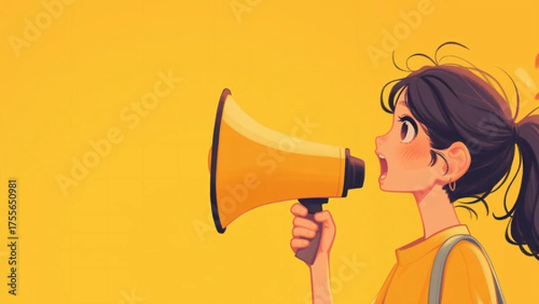 Fototapeta Girl speaking through a megaphone, Copy Space
