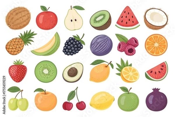 Fototapeta Collection of fruits and vegetables including apples, oranges, watermelon