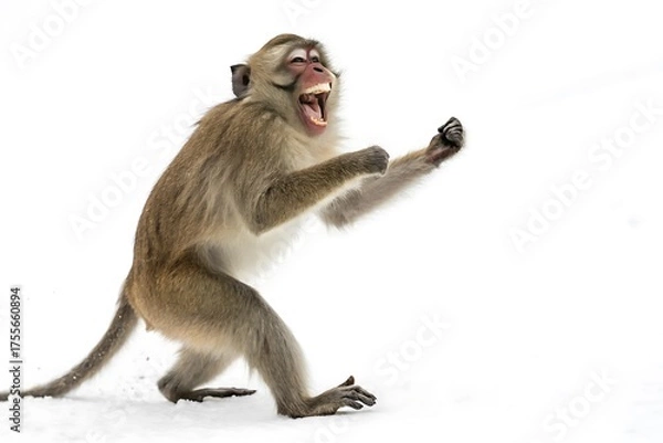 Fototapeta Monkey is standing on snow and laughing