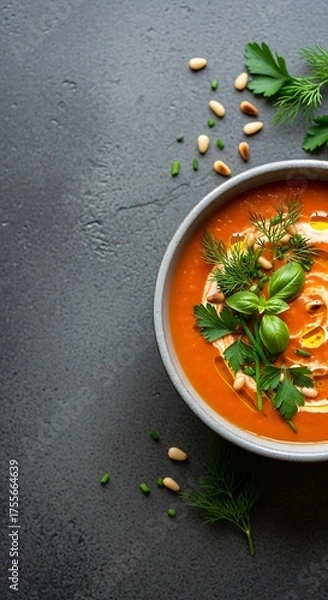 Obraz Vibrant Tomato Soup with Herbs and Pine Nuts on Dark Surface.