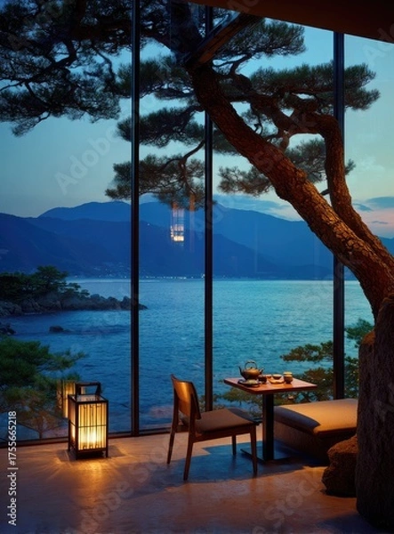 Fototapeta Panoramic ocean view from a modern, serene dining area
