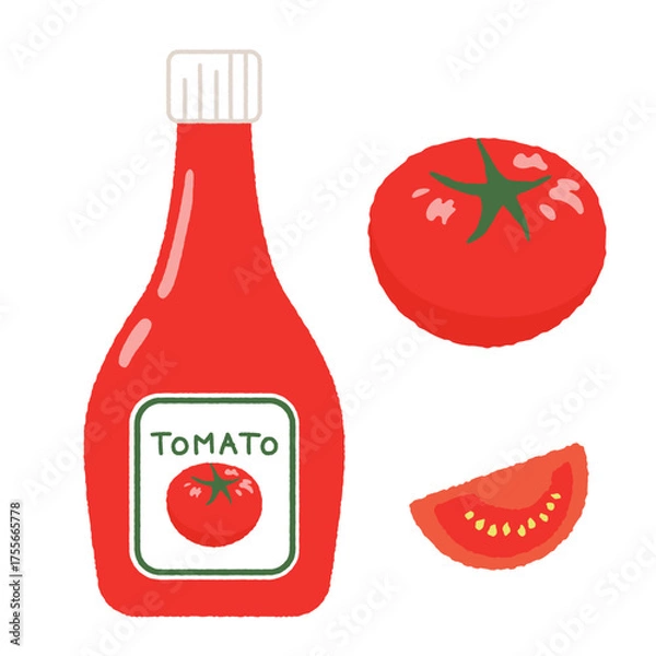 Fototapeta トマトケチャップとカットされたトマトのベクターイラスト。