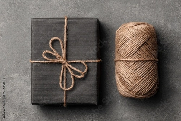 Fototapeta Dark gift box tied with twine, beside a ball of twine on a gray surface