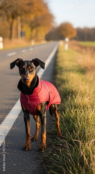 Obraz Dog in Red Coat Standing on Roadside in Autumn.