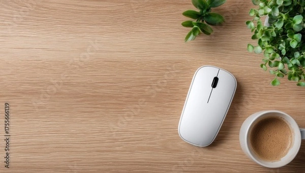 Fototapeta Workspace with mouse, coffee, and plants