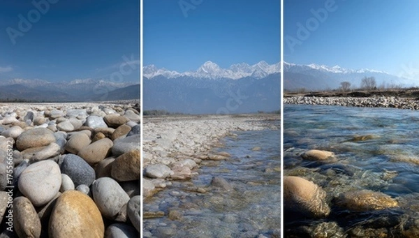 Fototapeta Riverbed landscape split in three views