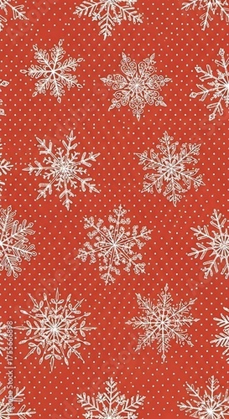 Obraz Festive Snowflake Pattern on Red Polka Dot Background.