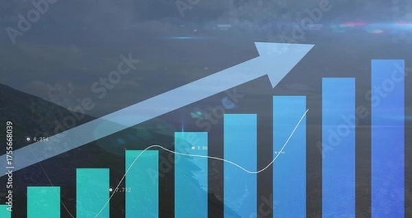 Fototapeta Displaying vertical bar chart with overlay line graph and upward arrow on aerial coastal landscape