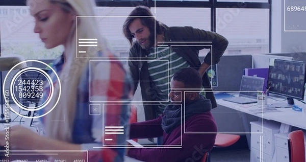 Fototapeta Collaborating trio reviewing project on smartphone and computers in open-plan office with overlay