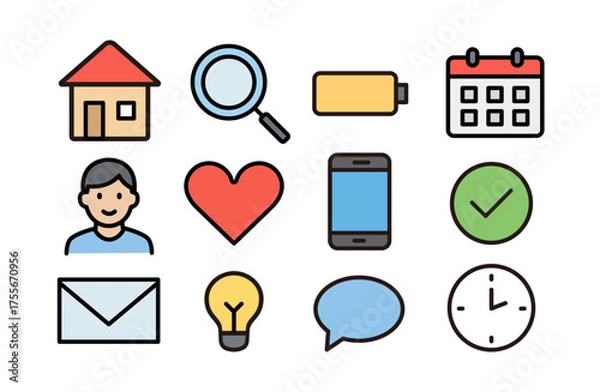 Obraz シンプルでカラフルなフラットアイコンセット（家・ハート・時計など）