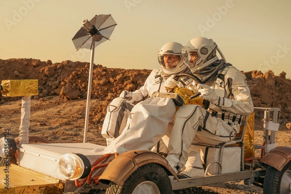 Obraz Explorers in space suits operating a Mars rover during planetary research.