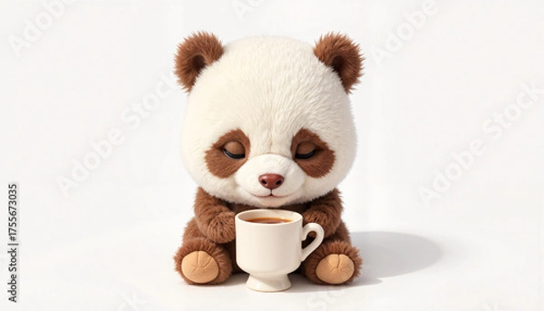 Obraz Cute panda plush toy enjoying a cup of tea with a peaceful expression on a white background
