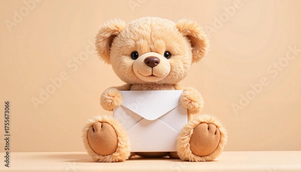 Fototapeta Cute teddy bear holding an envelope with a warm smile against a soft orange background