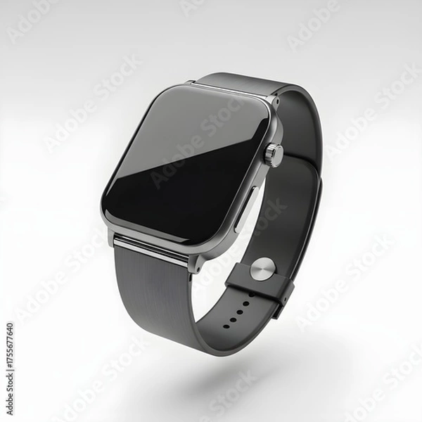 Fototapeta A sleek black smartwatch with a dark, blank screen and rubber strap, isolated on a white background. Represents wearable technology, fitness tracking, and modern digital health monitoring devices.