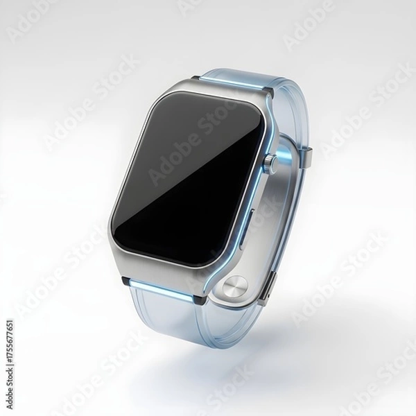 Fototapeta A metallic smartwatch with a blank screen and a transparent blue strap, isolated on a light background. Represents futuristic wearable technology, digital health, and high-tech communication devices.