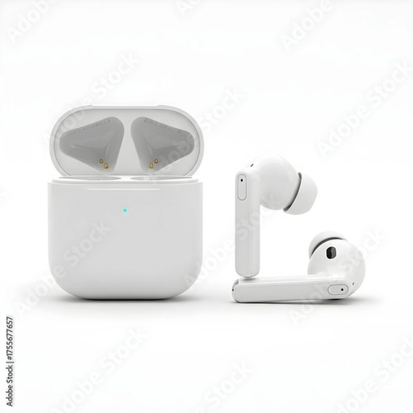 Fototapeta Two white wireless earbuds and their open charging case isolated on a clean background. Depicts modern portable audio technology for daily use, fitness, and hands-free communication.