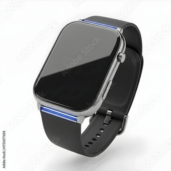 Fototapeta A metallic silver smartwatch with a blank black screen and subtle blue glowing accents, isolated on white. Symbolizes modern wearable technology, digital connectivity, and future fitness.