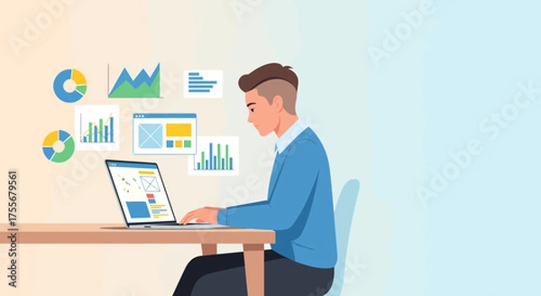 Obraz Young Man Analyzes Data On Laptop With Financial Charts Around Him