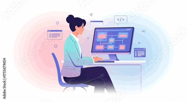 Obraz Young Woman Working On Software Interface At Desk