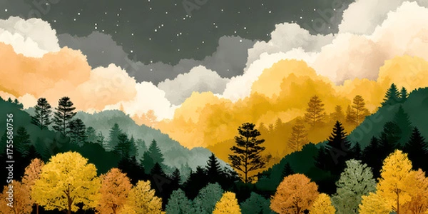 Obraz Moody Night Sky Landscape with Stars and Colorful Hillside Forest Digital Painting