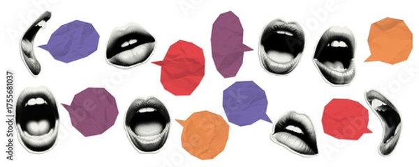 Fototapeta Vector halftone screamed mouth and speech bubbles cut out notebook paper with a wrinkled texture and shadow. Realistic crumpled paper mockup. Collage design template.