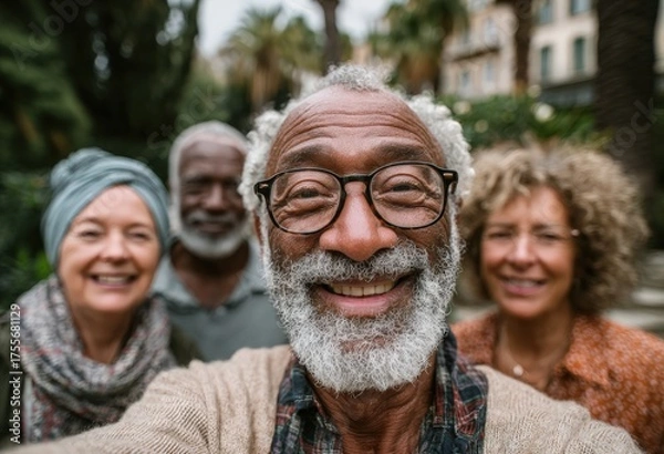 Fototapeta Group of diverse seniors smiling joyfully for a selfie in a lush outdoor setting, surrounded by greenery and vibrant plants, capturing a moment of friendship and happiness