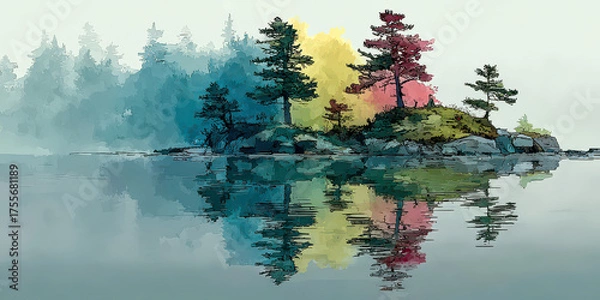 Fototapeta Watercolor Sketch of Colorful Trees on a Small Island Reflected in Blue Water